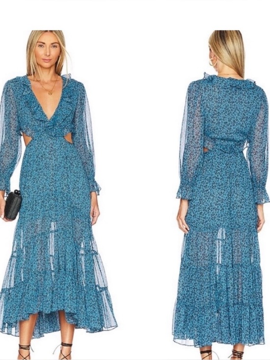 Misa Los Angeles Dresses & Skirts - Misa Los Angeles Blue Floral Ruffle Tiered Maxi Dress with Long Sleeves